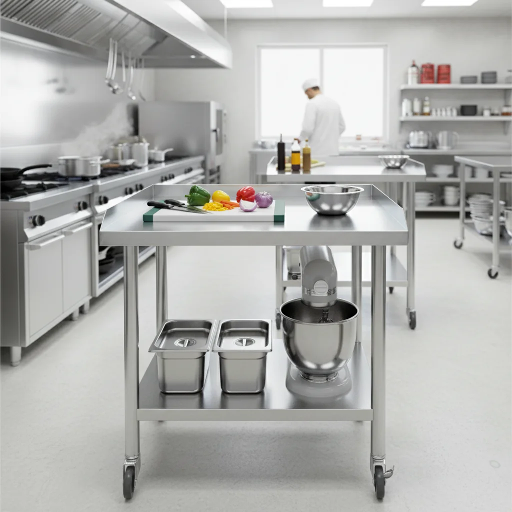2-Tier Stainless Steel Commercial Work Table with Lockable Wheels, 60×70×76CM Heavy Duty Kitchen Prep Table for Kitchen Garage Laundry Storage view 5