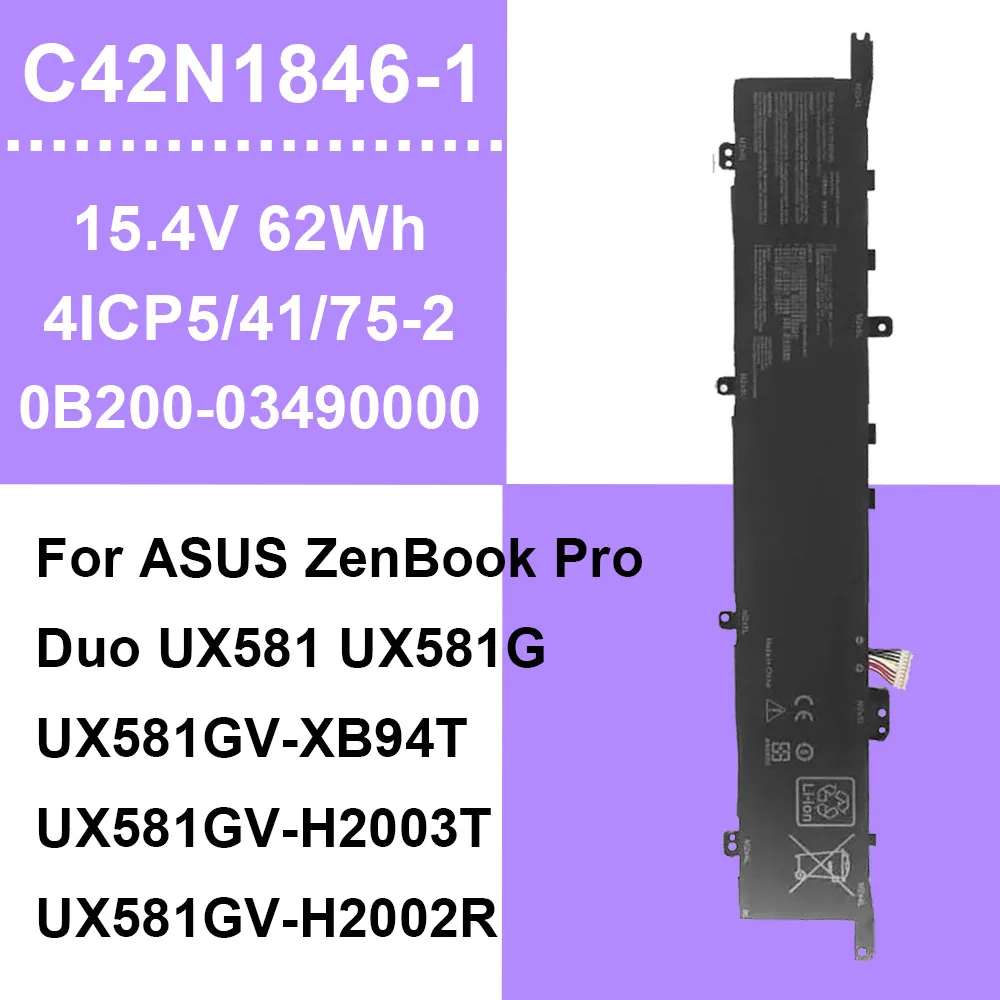 C42N1846-1 For ASUS ZenBook Pro Duo UX581 UX581G UX581GV XB94T H2004T Laptop Battery 15.4V 62Wh 4ICP5/41/75-2 0B200-03490000