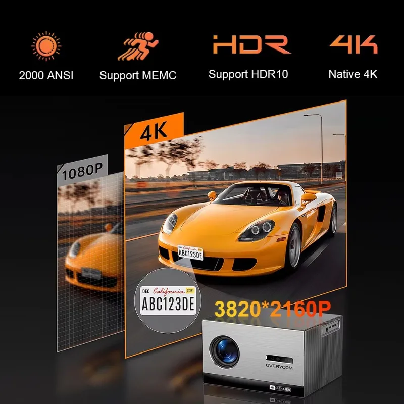 4K Projector 3840x2160 Everycom Cinelux 2000ANSI Ultra Bright FLED Smart Auto Focus Keystone Home Theater Cinema 4K