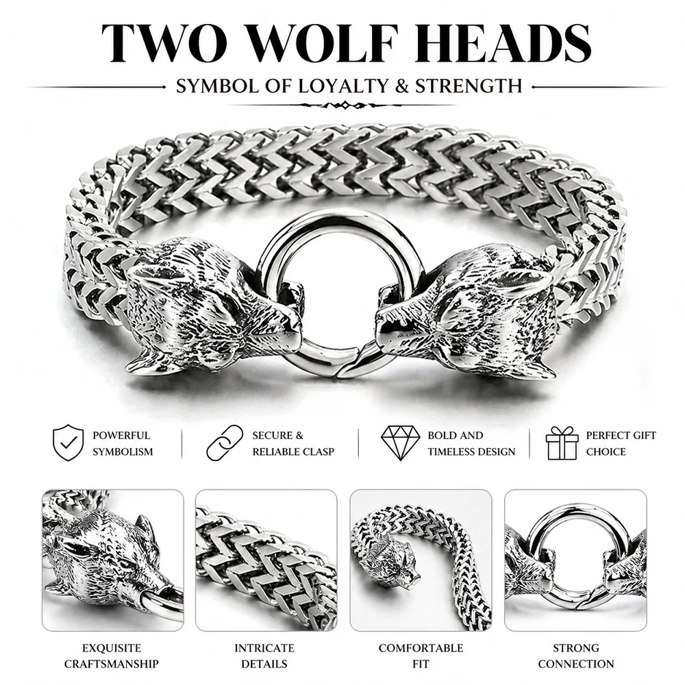 Men Vintage Wolf Head Stainless Steel Bracelet Double Wolf Curb Chain Link Biker Wristband Punk Jewelry Gift for Him