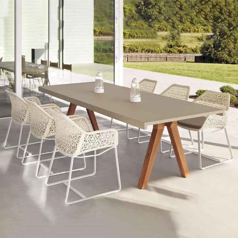 Luxury 6-Seater Dining Table Chair Set Waterproof Aluminum Durable Teak Wood Rope Weaving Outdoor Furniture Garden Patio Made PE