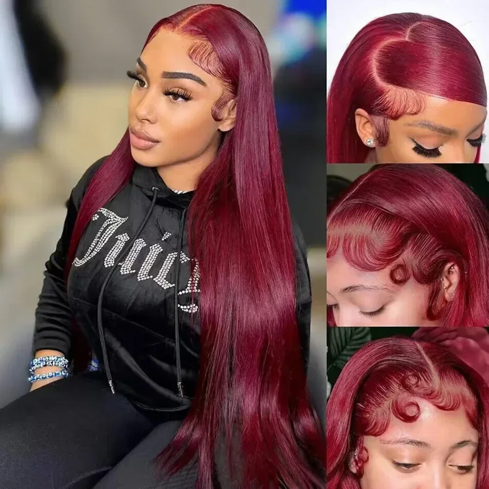 Perruque Lace Front Wig naturelle brésilienne lisse, rouge bordeaux 99J, 13x4, densité 200%, pour femmes