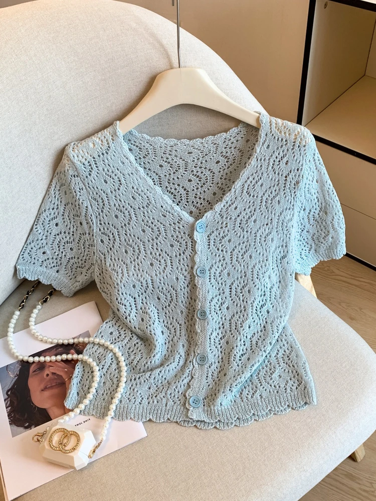 

Clex Knitting Hollow out Hook Flower Women's T-irt Summer Thin Outerwear Guangzhou Thirteenth Fac High Goods