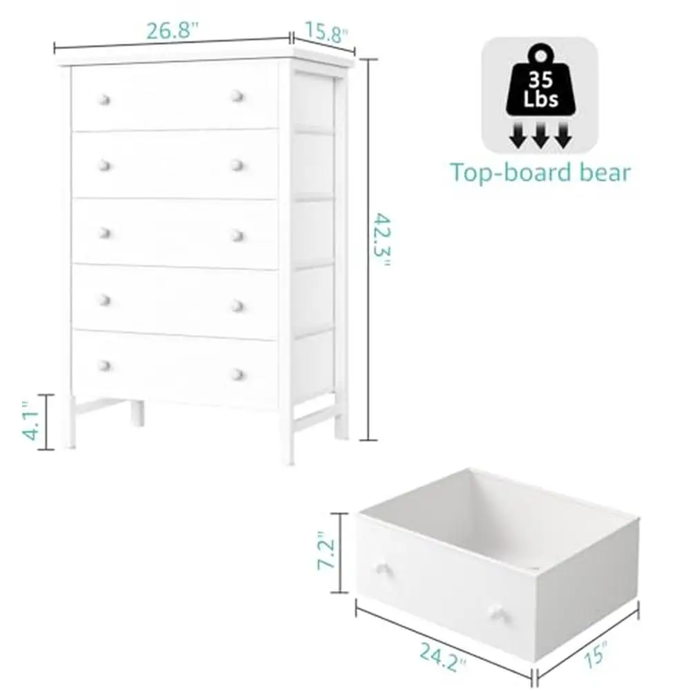 Tocador de tela blanca con 5 cajones, organizador de madera, soporte superior de 40 pulgadas para TV, entrada, dormitorio, almacenamiento moderno para niños