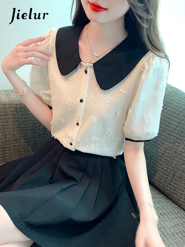 

Jielur Spell Color Puff Sleeve Fashion Women Shirts Peter Pan Collar Print Single Breasted Elegant Female Shirt Simple Workwear