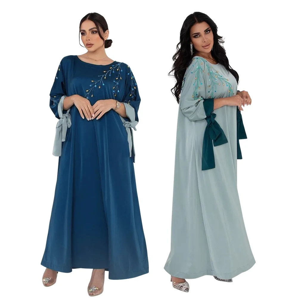 

Satin Muslim Dress Women Abaya Dubai Turkey Arabic Islamic Slim Dress Diamond Long Sleeves Caftan Saudi Muslim Slim Fit Dress
