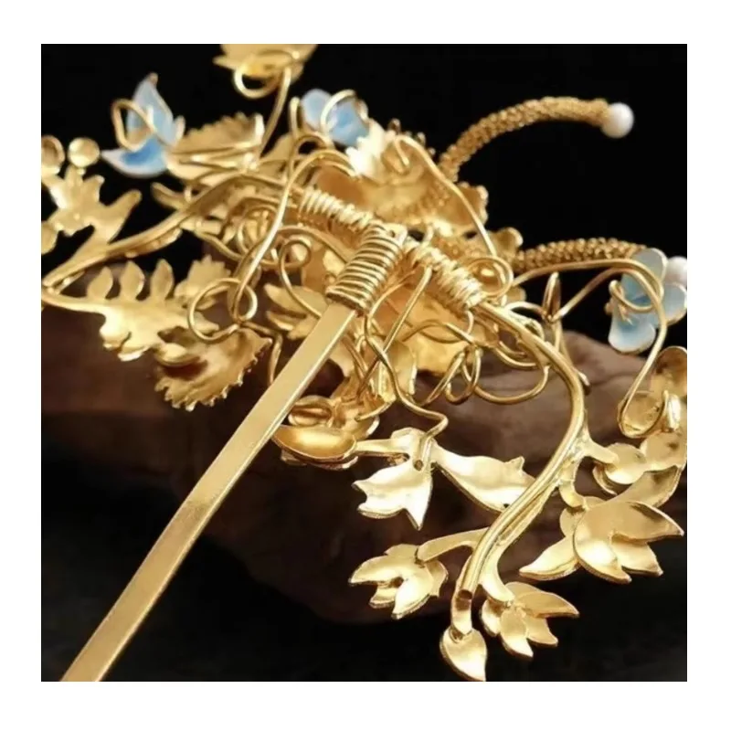 

Pure Copper Gold-plated Filaments Inlaid with Imitation Emerald Burning Blue Peony Flower Type Antique Hanfu with Hairpin Bridal
