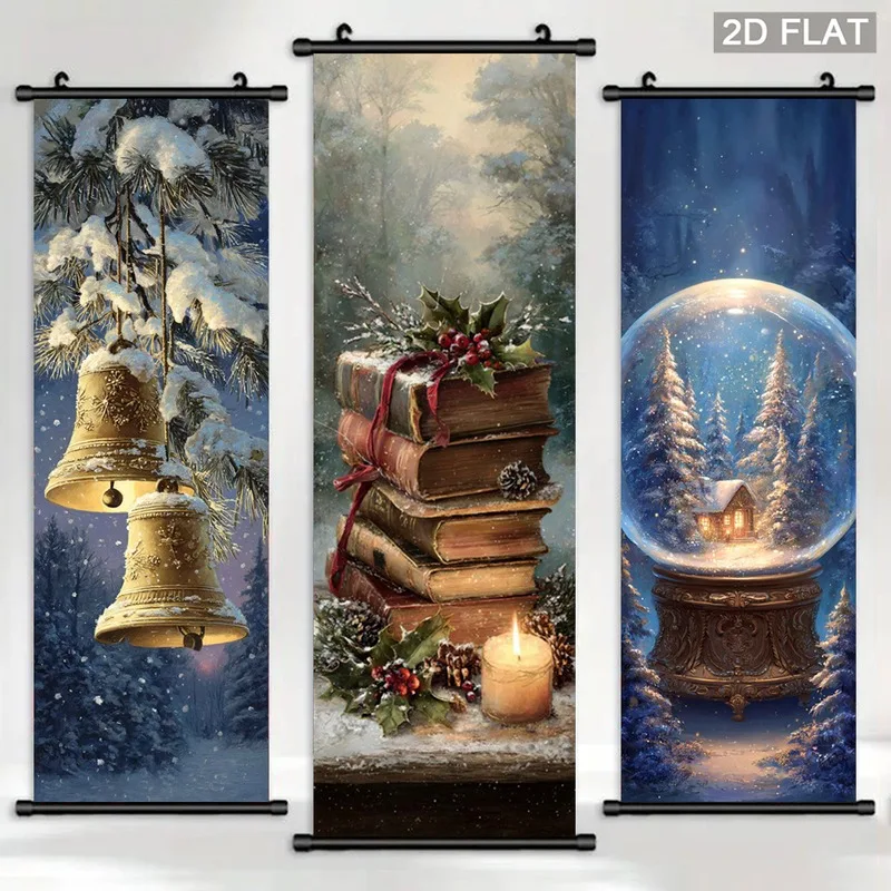 VIKAMA Christmas 3-Piece Door Banner Set, Bell Lantern Snow Globe Vintage Wall Scroll for Xmas Fireplace Decor