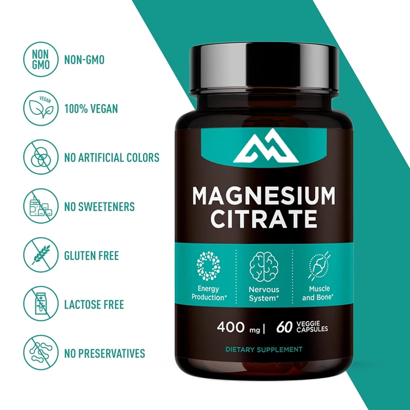 2-in-1 Magnesium Citrate Powder Capsules 400mg High Absorption - [60 capsules] Pure Non GMO Supplement