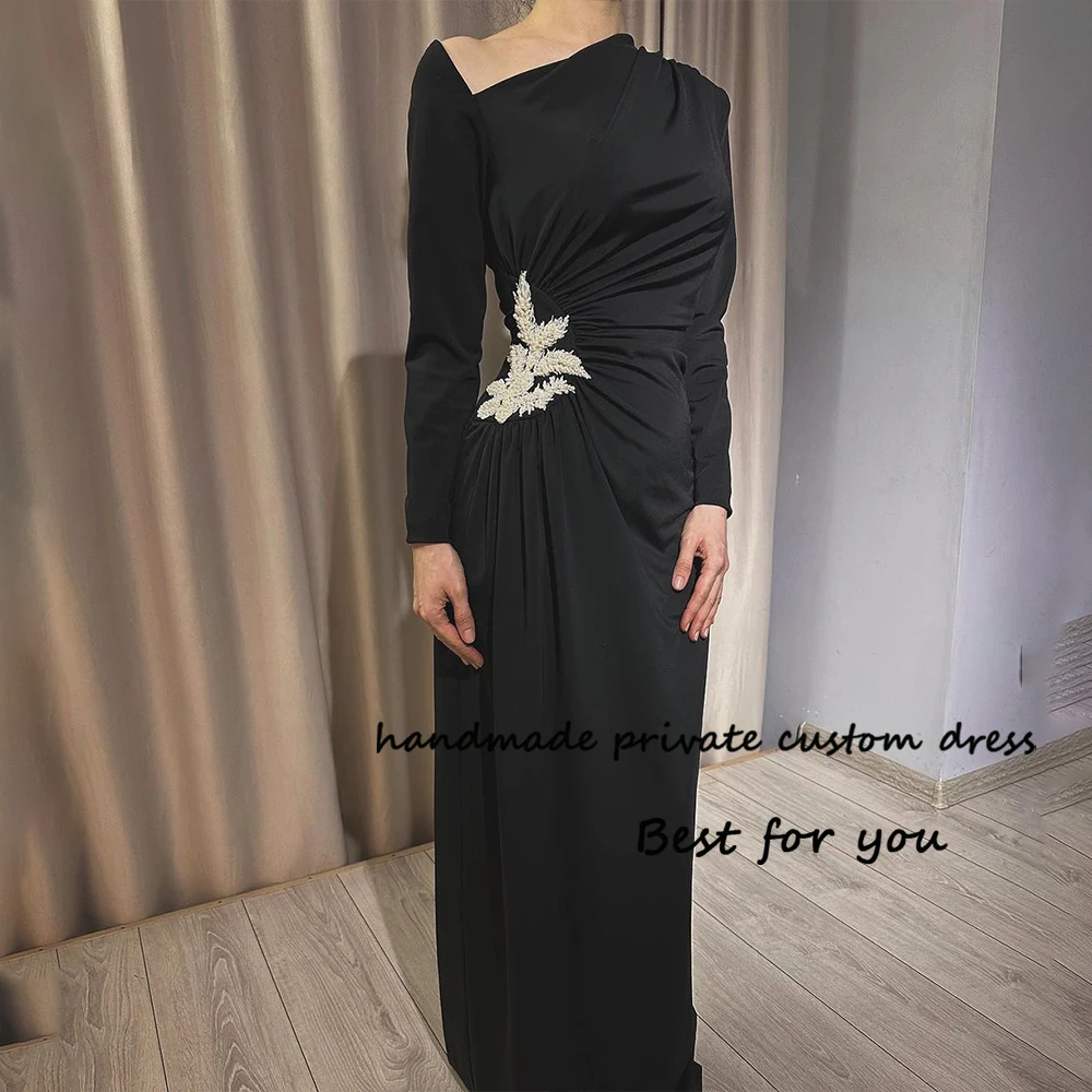 

Black Mermaid Evening Dresses Long Sleeve Beaded Satin Prom Dress Floor Length Arabic Dubai Formal Occasion Gowns 2024