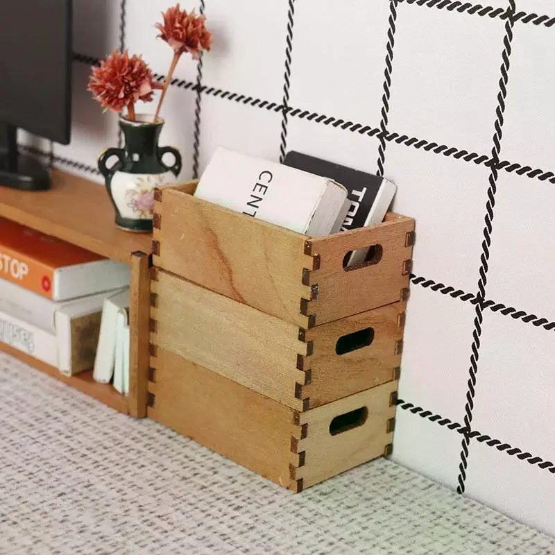 1/12 Dollhouse Mini Wooden Storage Basket Dollhouse Simulation Furniture Model Dolls House Micro Scene Decor Accessories