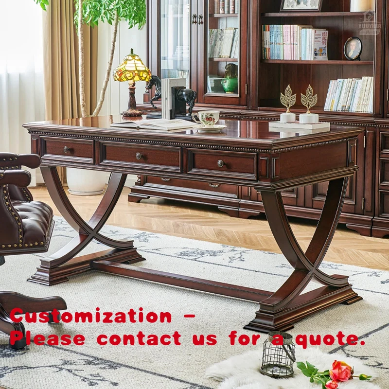 

Customize.American Style Solid Wood Desk Golden Silk Teak Distressed Mortise & Tenon Desk Chair Set Home Office Dilo