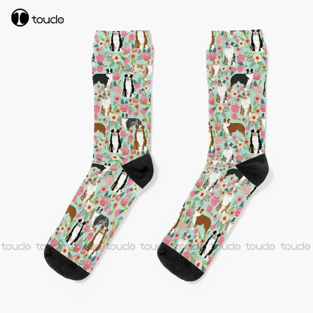 

Australian Shepherd Florals - Mint Dog Dogs Puppy Puppies Socks Womens Soccer Socks Custom Gift Streetwear Funny Sock Art