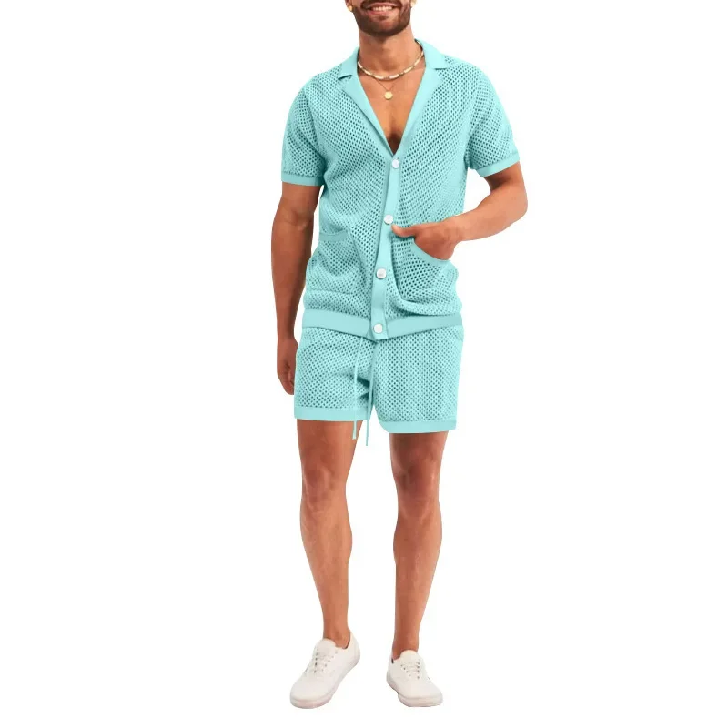 Summer New Men Shorts Mesh Hollow Out Knitted Casual Sports Lapel T-Shirt Short Sleeve Solid Beach Suit Men's 2 Pieces Set Suits