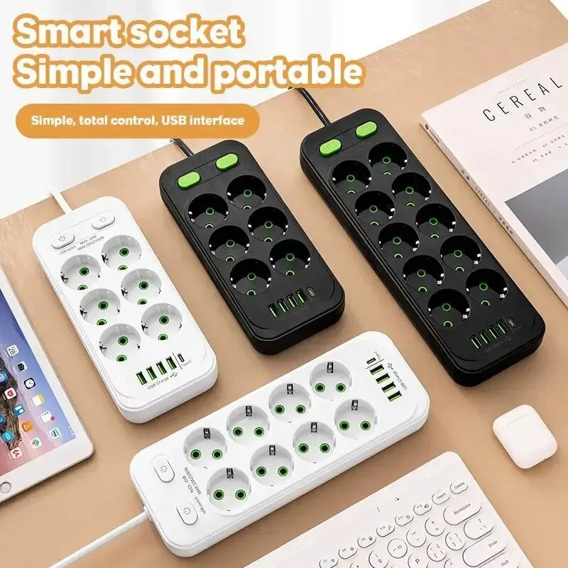 2M Electrical Socket EU Plug6 AC Outlet Multitap Power Strip Extension Cord Smart USB Home Office Surge Protector Network Filter