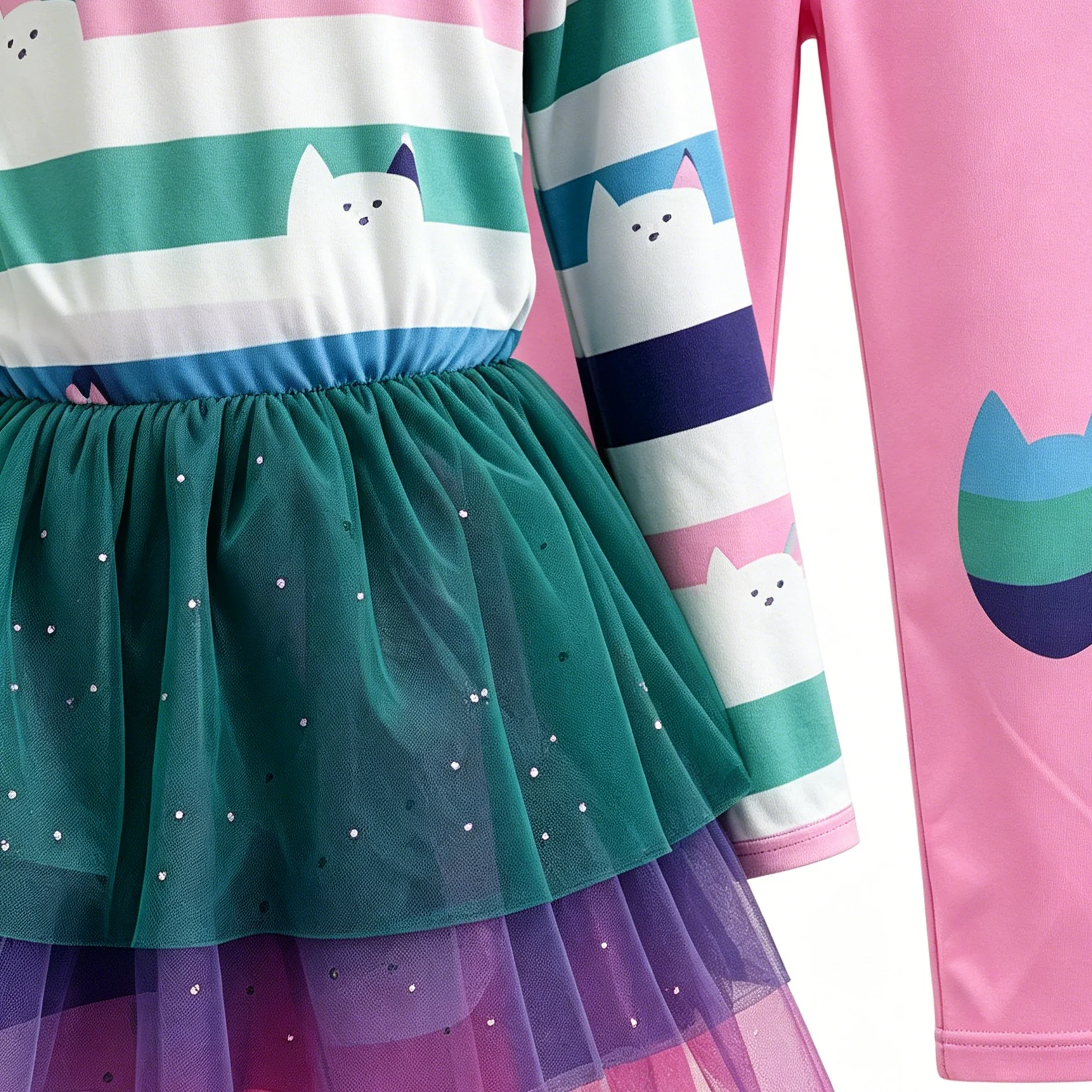 Neue Kinder-Freizeitsets Katzen-Regenbogen-Streifen-Mesh-Tutu-Kleid mit Hose Mädchen-Halloween-Outfit Karneval Geburtstagsparty-Geschenke – Detail 9