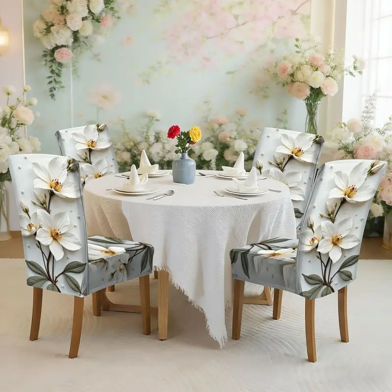 

Набор чехлов для обеденных стульев с плоским принтом, узором в виде цветочных бутонов, листьев и жемчуга, легко устанавливается, можно стирать, чехол для стула.