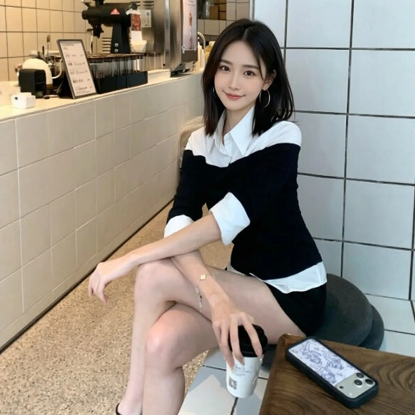 Korean Sle Design Beautiful Fake Two-Piece irt Women's Faion Spring 2026 Long Sve Slim Fit Cotton Traditional Dance ...