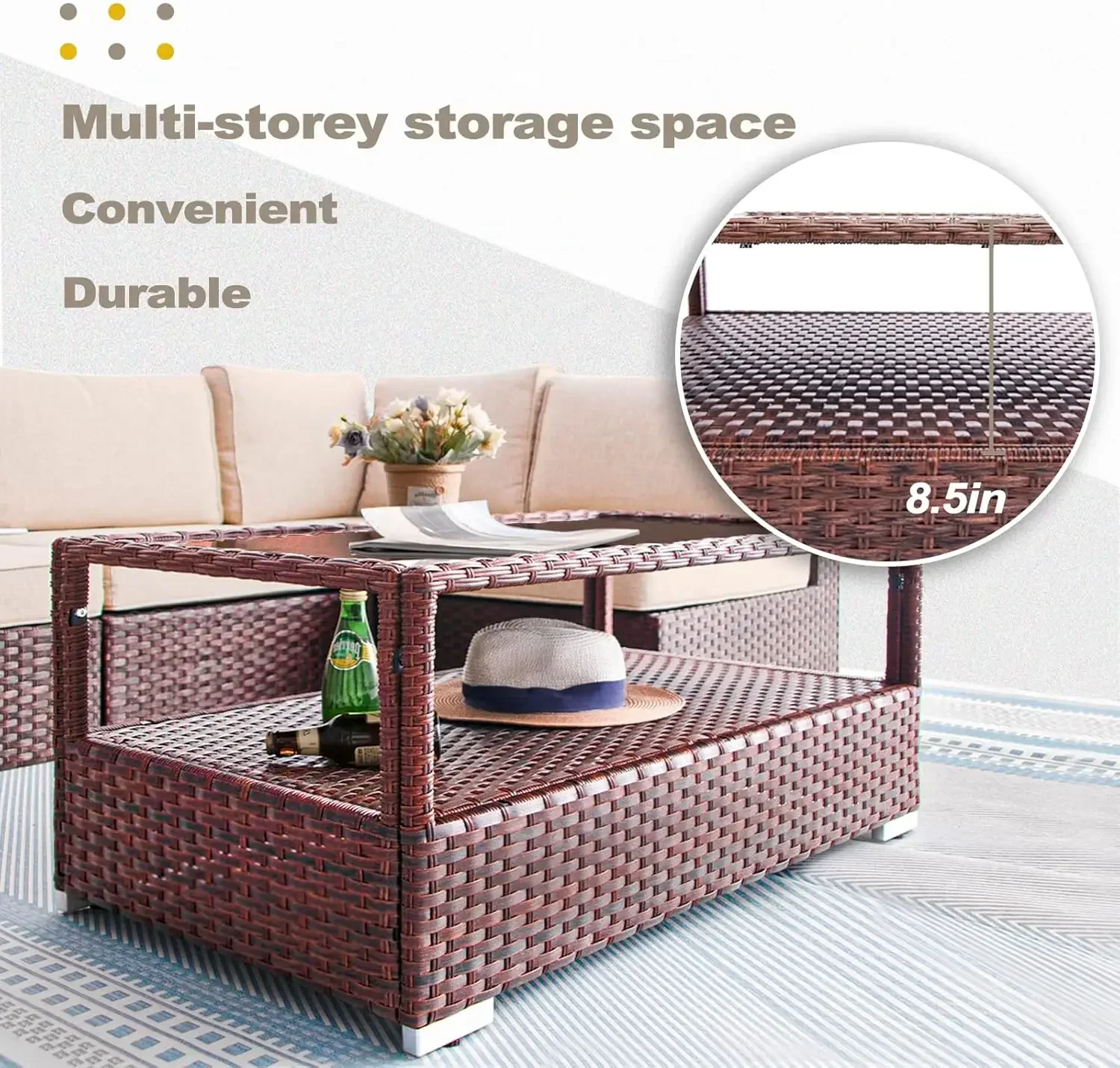 GARDEN Outdoor Coffee Table Wicker Patio Rattan Side Table with Glass Top and Storage Shelf,40in Mixed Brown