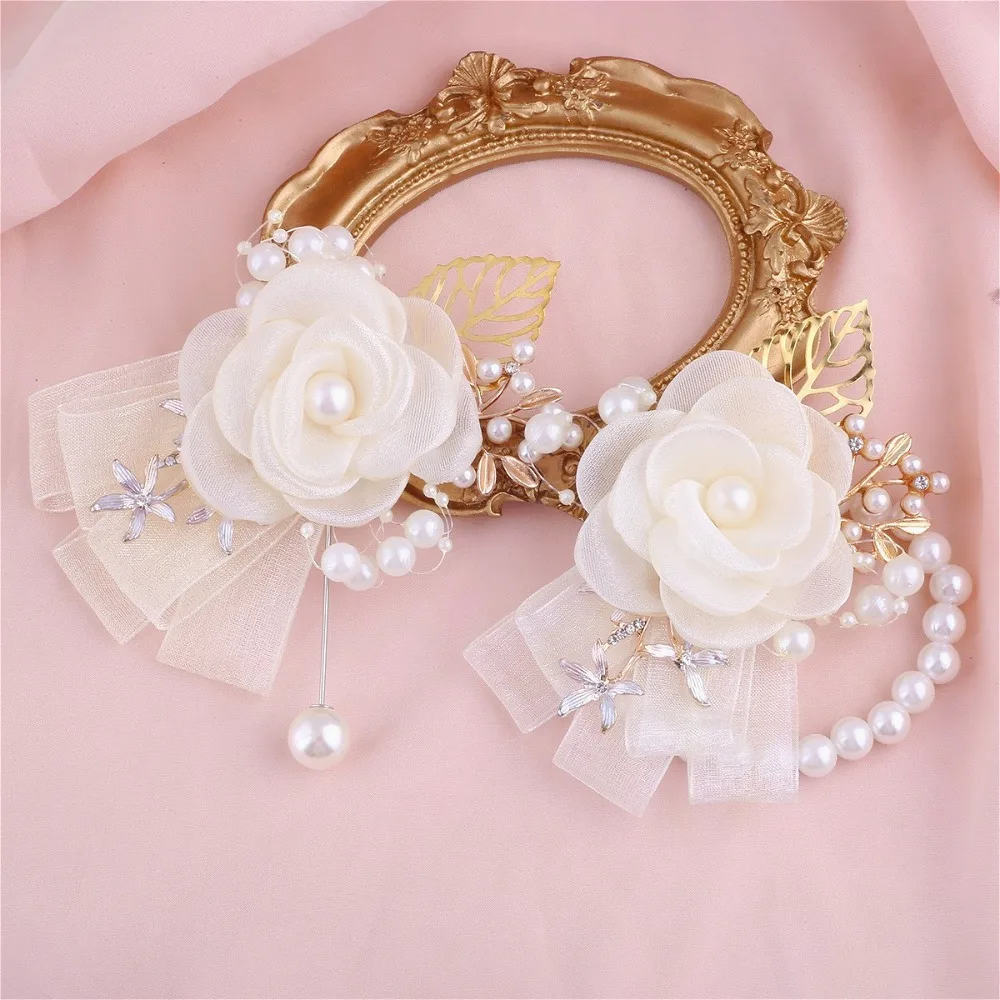 

Elegant Ivory Tulle Gold Leaf Pearl Boutonniere Groom Brooch Bridesmaid Wrist Corsage Wedding Accessories Women's Wedding Props