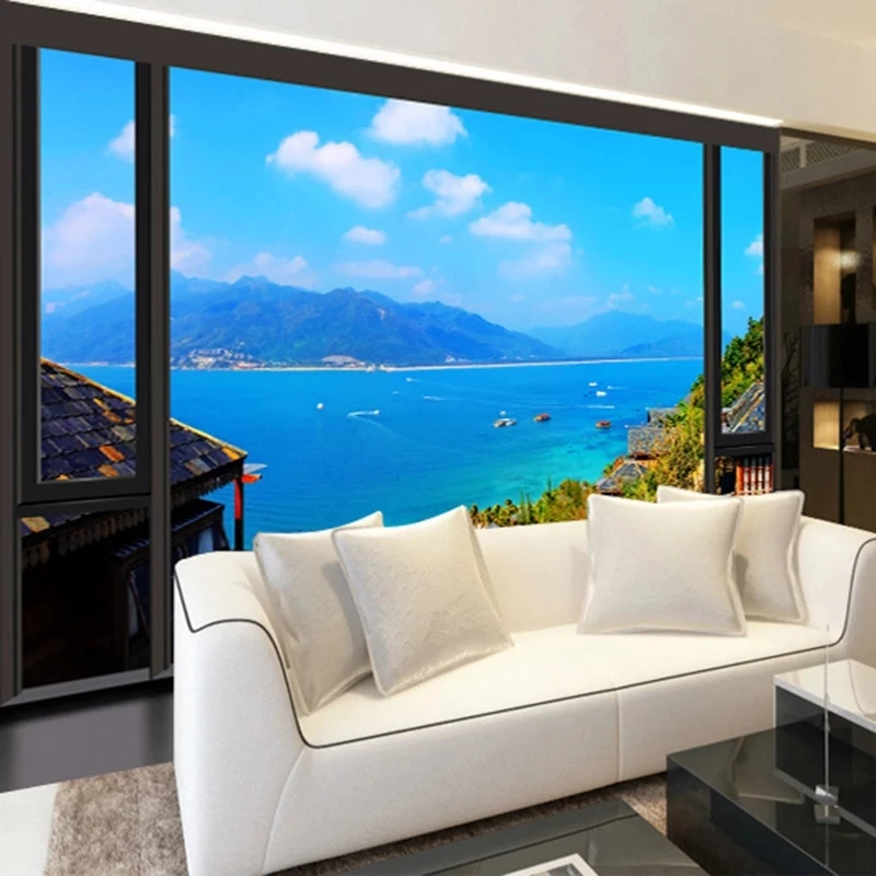 Customized 3D Wallpaper Window Views Mural Modern City Beach blue sea Living room sofa TV background wall bedroom restaurant 8d