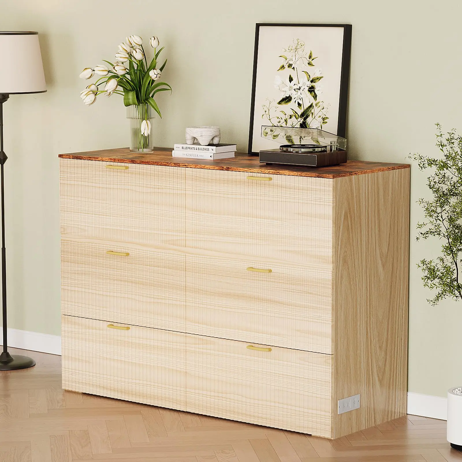 Full Murphy Bed with Storage Drawer,2 Charging Station,Fluted Wooden Foldable Bed Cabinet,Boho,Hideaway Paltform Panel