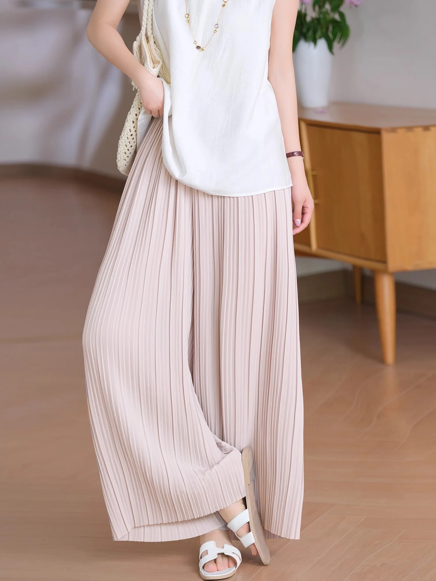

Cus Made Wrinkle Resistant Wide Leg Pants Women's Loose Fit Simple Design Thousand Layer Pleat Casual Trousers