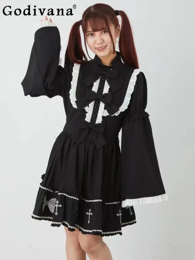 Japanese Mine Mass-produced Bow Printed Ruffles Bow Lolita Lolita Dress Girl Sweet  Autumn Fashion Elegant Long-sleeved Dresses