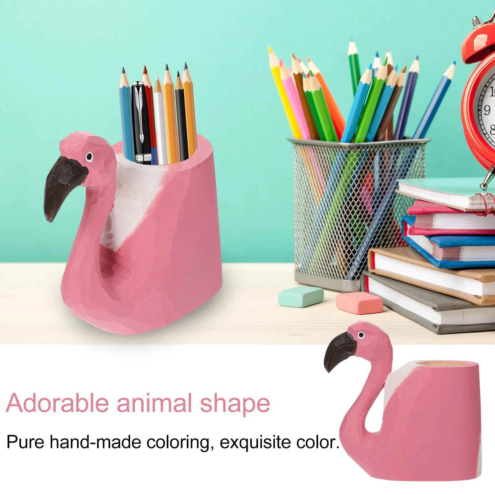 Wooden Pen Stand with Animal Carving – Desk Organizer and Pencil Holder for Home Office