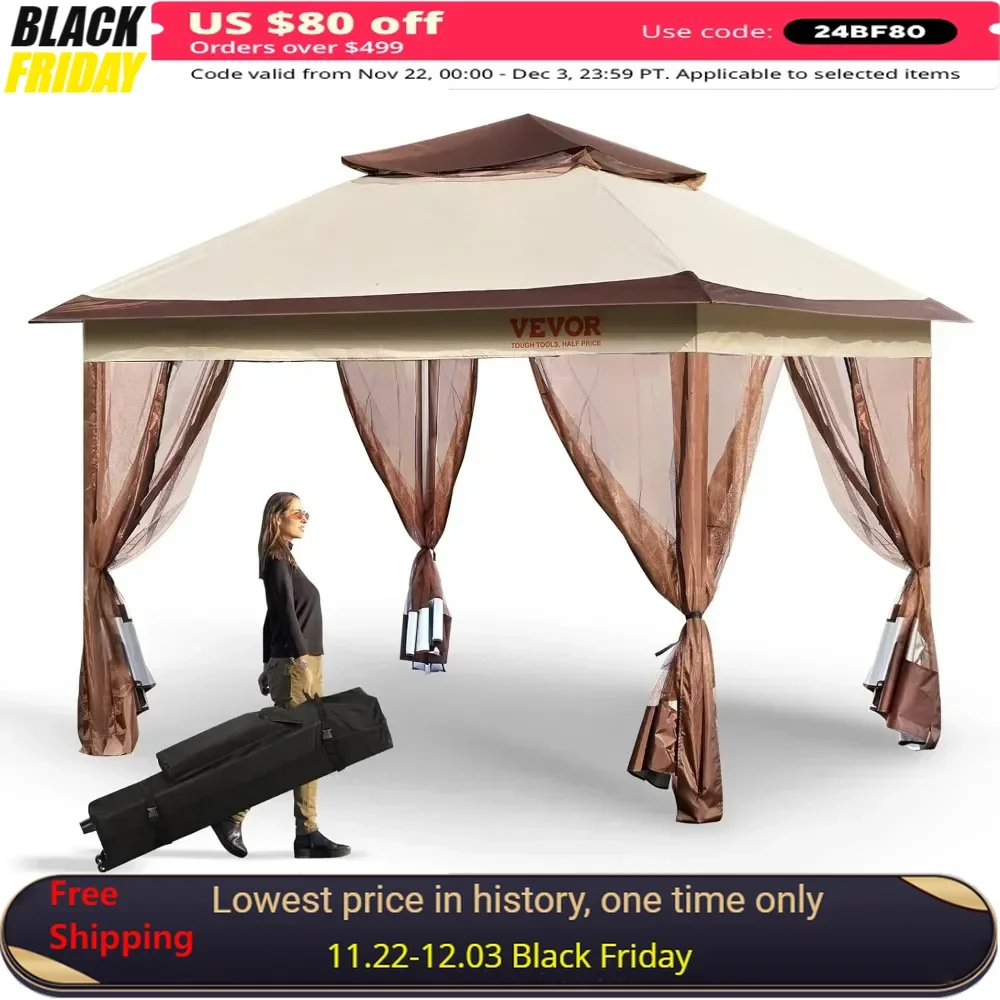 

11 x 11FT Gazebo, Pop up Gazebos for 8-10 Person with Mosquito Netting, and PU Coated 250D Oxford Cloth, Patio Umbrellas Tents