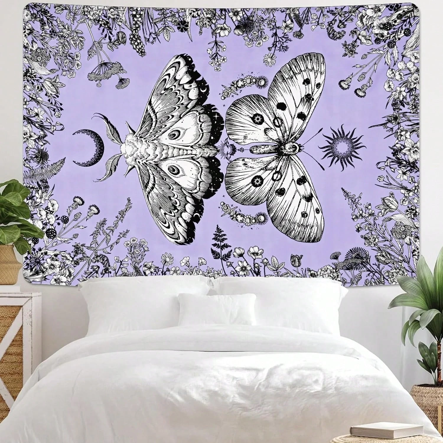 Boho Butterfly Moth Moonlit Garden Tapestry, Vintage Floral Wall Hanging, Multi-Use Decor for Bedroom Living Room