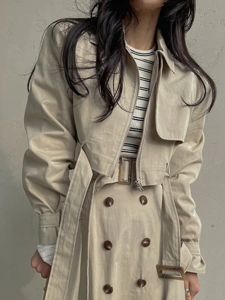 

Chic Briti Sle ort Waist-Cinching Collar Stand-Up Coat with Belt Autumn Spring Season Women's Faion Outerwear