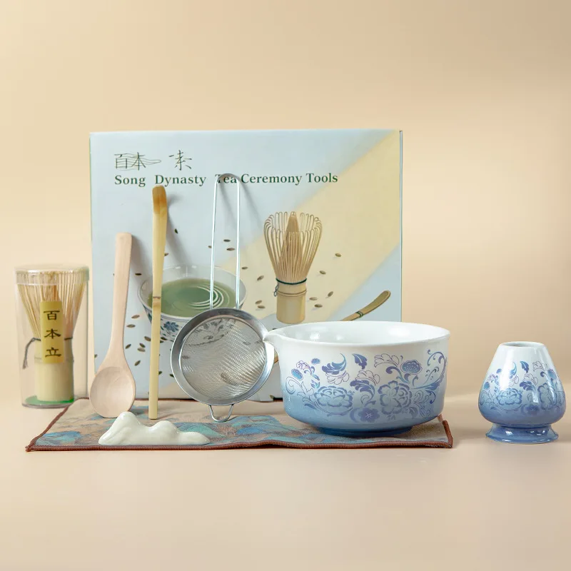 Japanese Matcha Set with Spouted Bowl Gold Glaze Tea Whisk Chasen Bamboo Scoop Chashaku for Tea Ceremony