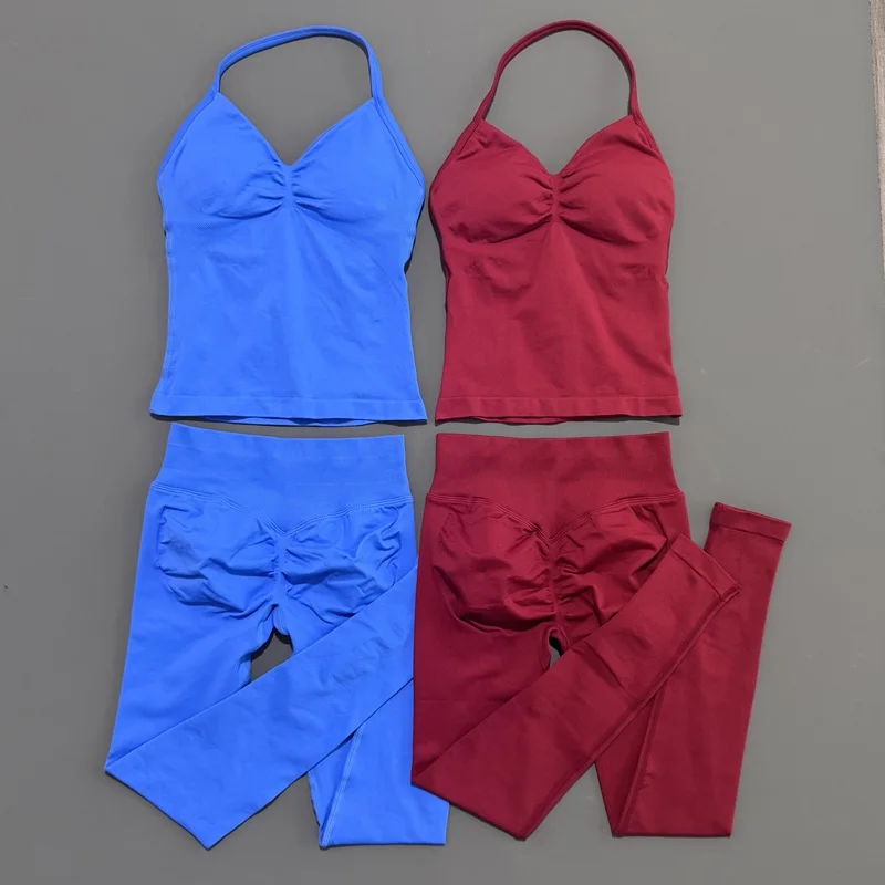 2 قطعة HISTELLO مجموعة رياضية النساء سلس عالية الخصر طماق الخطوط الطويلة Strappy أعلى تجريب الزي اللياقة البدنية أكتيفيوير رياضة ملابس رياضية لليوجا