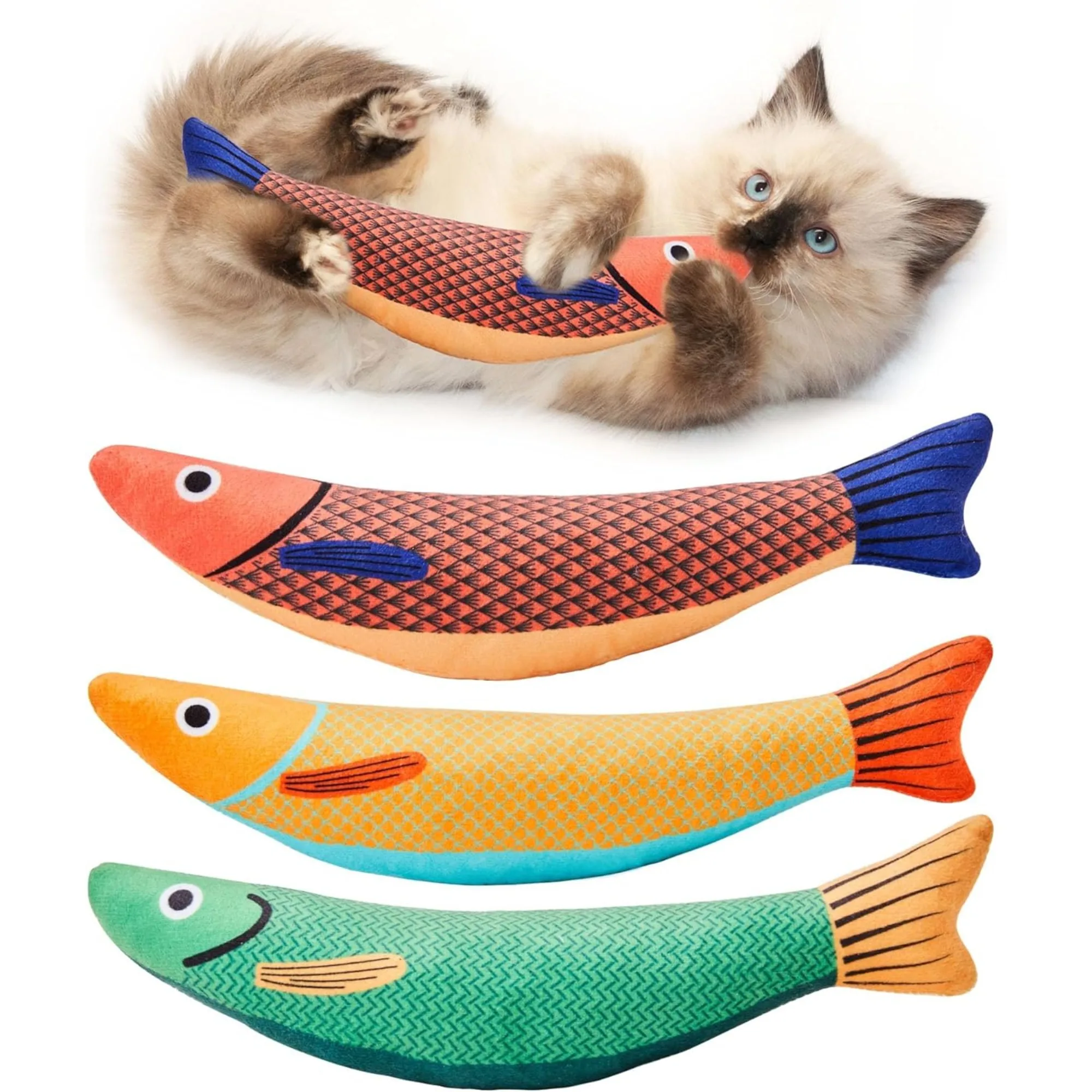 Cat Toys Saury Fish 3 Pack Catnip Crinkle Sound Soft Durable Interactive Cat Kicker Toys for Indoor Kitten Exercise All Breeds