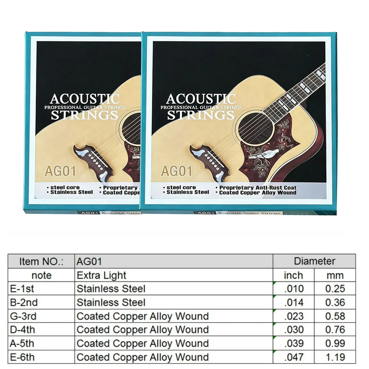 Miwayer 1/2 Set AG01 Acoustic Guitar Strings Set - Stainless Steel & Coated Copper Alloy, Anti-Rust, 010-047 Gauge, 6pcs/Set