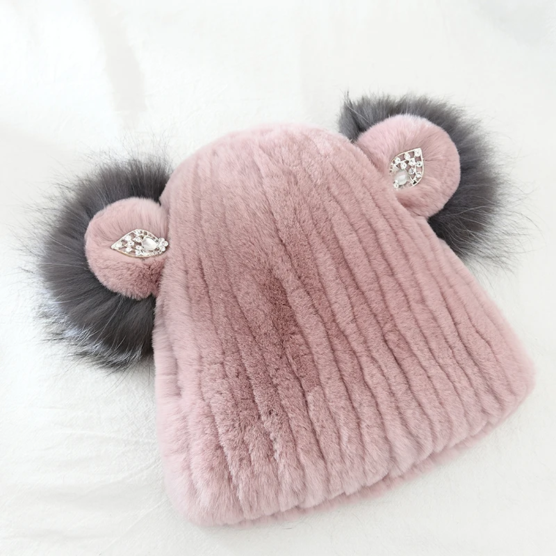 Kid Real Rex Rabbit Fur Hat +Scarf Knitted Real Rabbit Fur Cap Scarves For Girl Winter Luxury Warm Top Fox Fur Hat Muffler 2 PCS