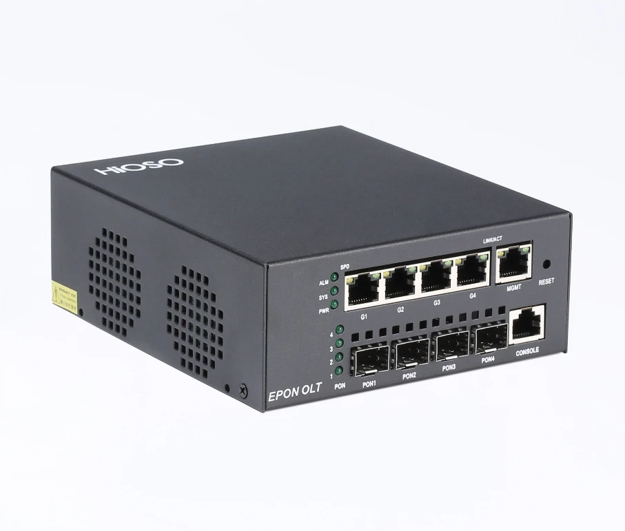 Low Price HIOSO MINI 4pon EPON OLT 4port DC12V WEB SNMP CLI 256 Users compatible HUWEI ZTE