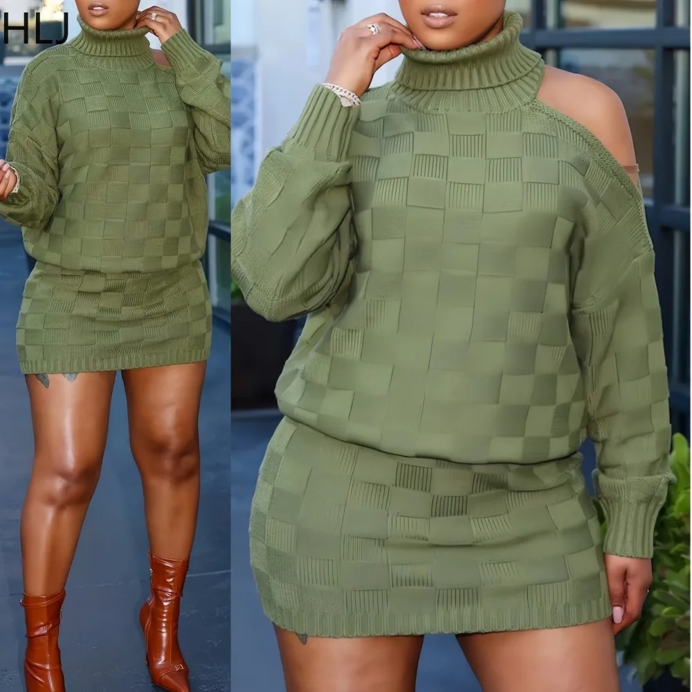 

HLJ Autumn Winter New Fashion Checkered Knit 2 Pieces Set for Woman Outfits High Neck Off-shoulder Top + Skirt Female Streetwear