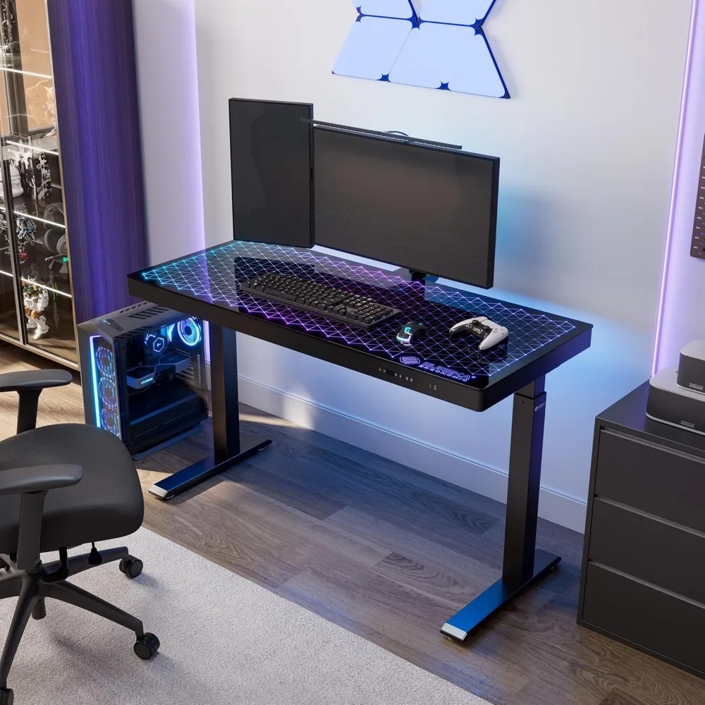 Desk RGB Lights Height Adjustable 55 Inch Computer Table Home Office Standing Desks Glass Desk Music Sensing, Computer Desks