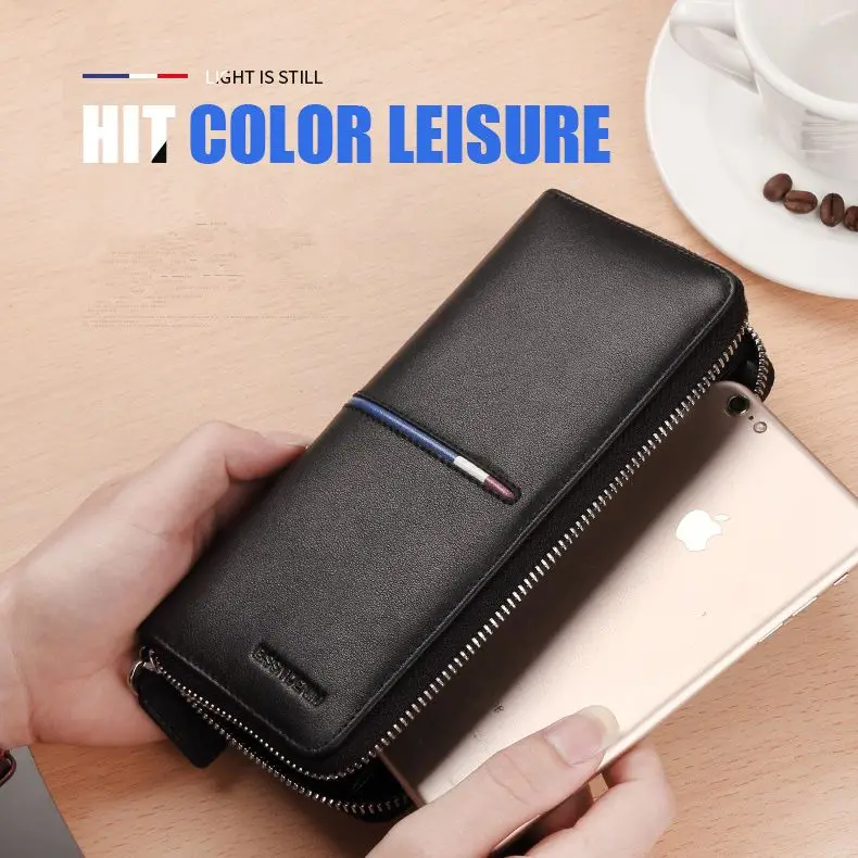 BISON DENIM 100% Genuine Leather Wallets Men Long Wallet Credit Business Card Holders Mobile Phone Bag Zipper Purse Clutches