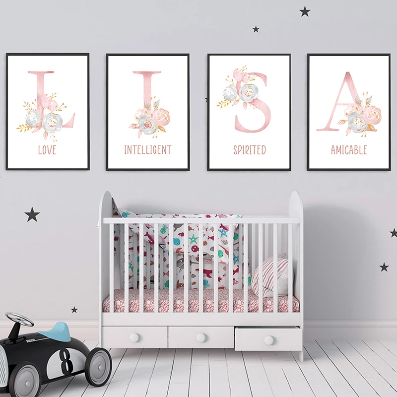 Custom Name Posters Pink Floral Letters Poster and Prints Girl  Rabbit Canvas Art Painting Nursery Picture Kid Baby Room Decor