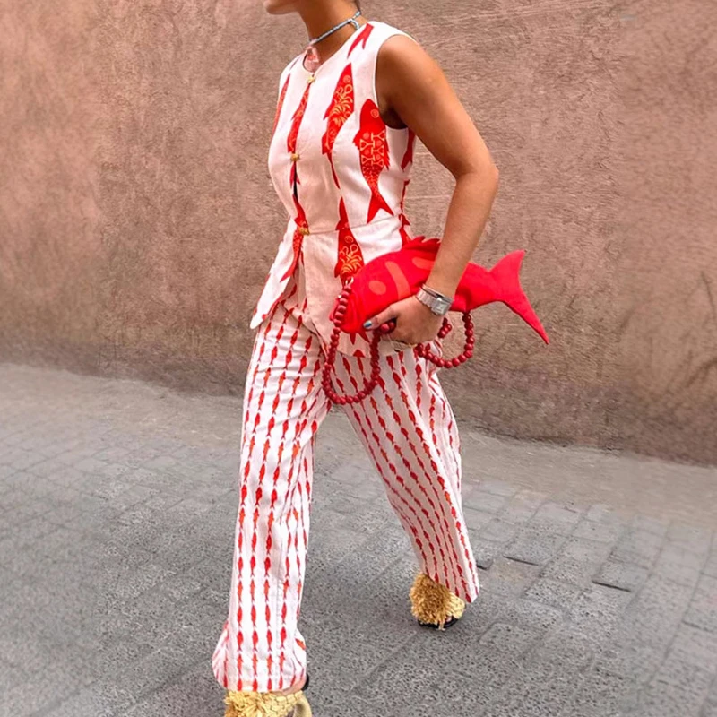 

Sexy Sleeveless Loose Suit Female Casual O Neck Vest Top and Long Pants Outfits 2025 Fashion High Street Printed Two Piece Sets