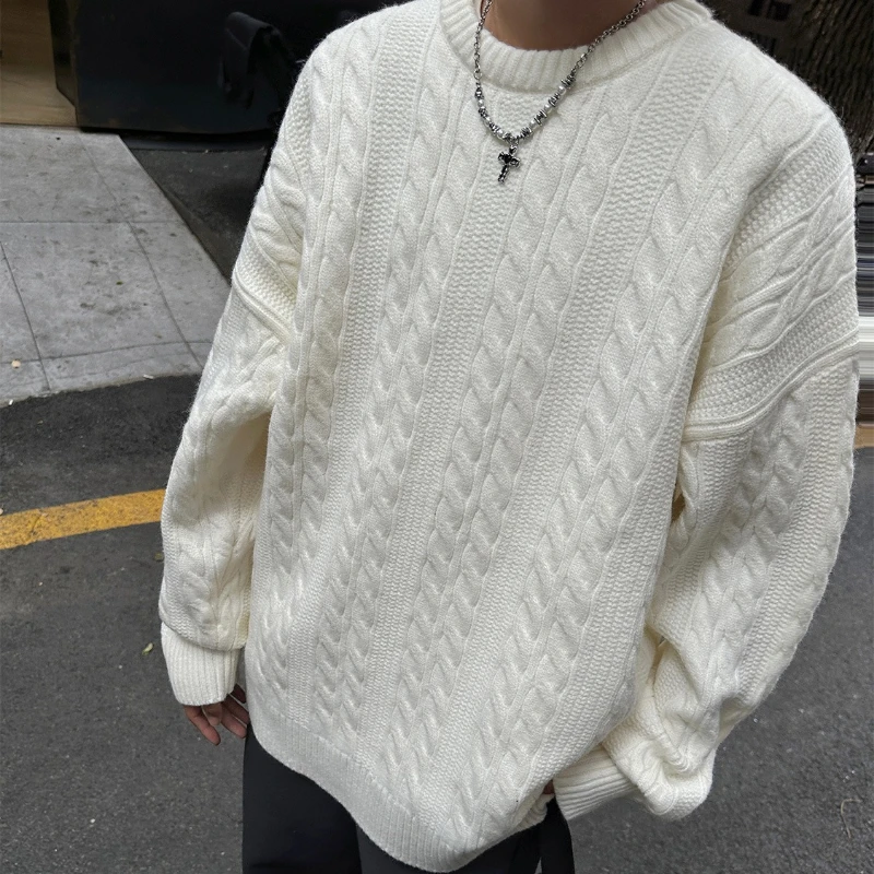 

Men’s Oversized Charcoal Cable Knit Sweater Round Neck Pullover Lazy Style Knitwear Y2K Gray Fashion Casual Aesthetic