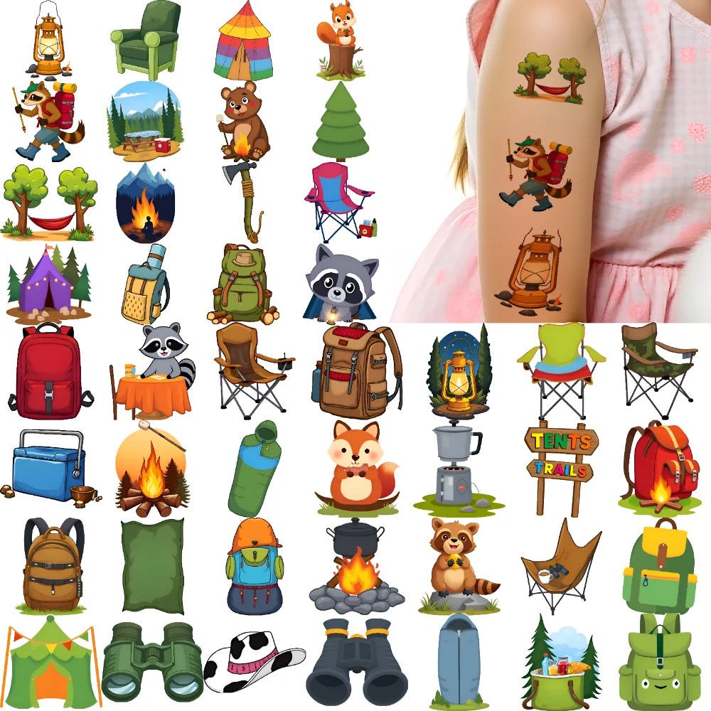 

63pcs Temporary Tattoo Camping Chair Cartoon Camp Tent Icons Tree Decal Temporary Tattoo Stickers Adventure Stickers For Arms