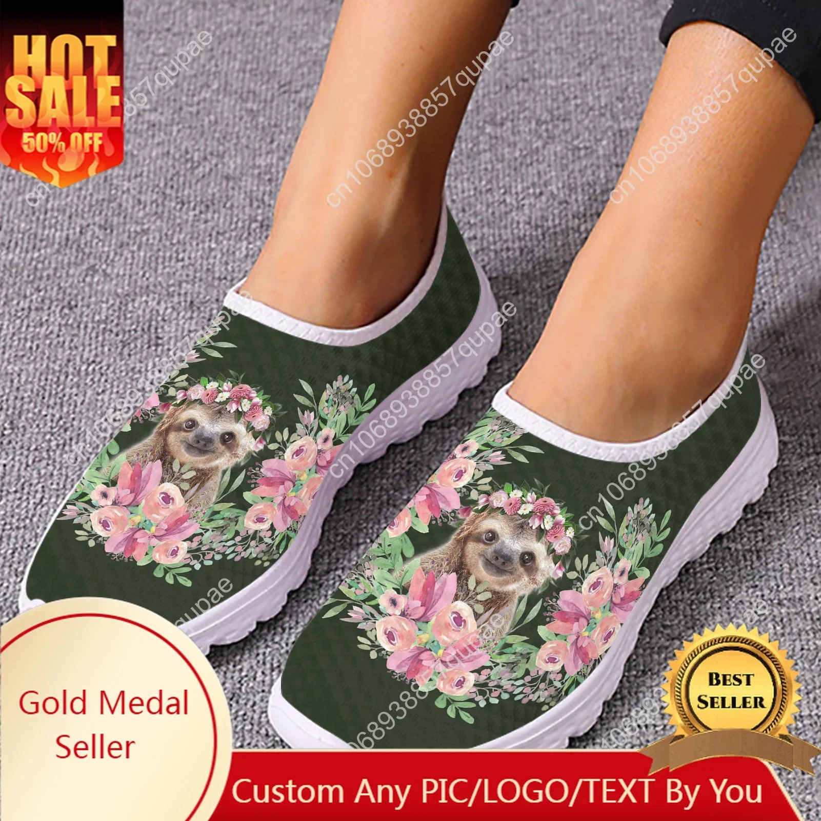 Cartoon Sloth Hibiscus Print Mesh High Quality Sneakers Women Men Teenager Casual Fashion Custom Made Tennis Flat Couple Shoes