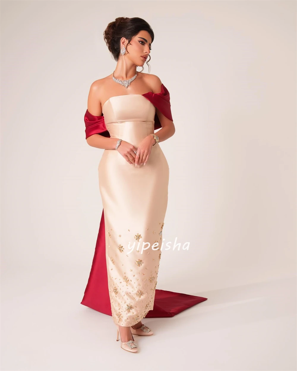 Customized Fashion Satin Pleat Sequined Rhinestone Straight Off-the-shoulder Midi Dresses Celebrity Dresses Chinese Style Exquis