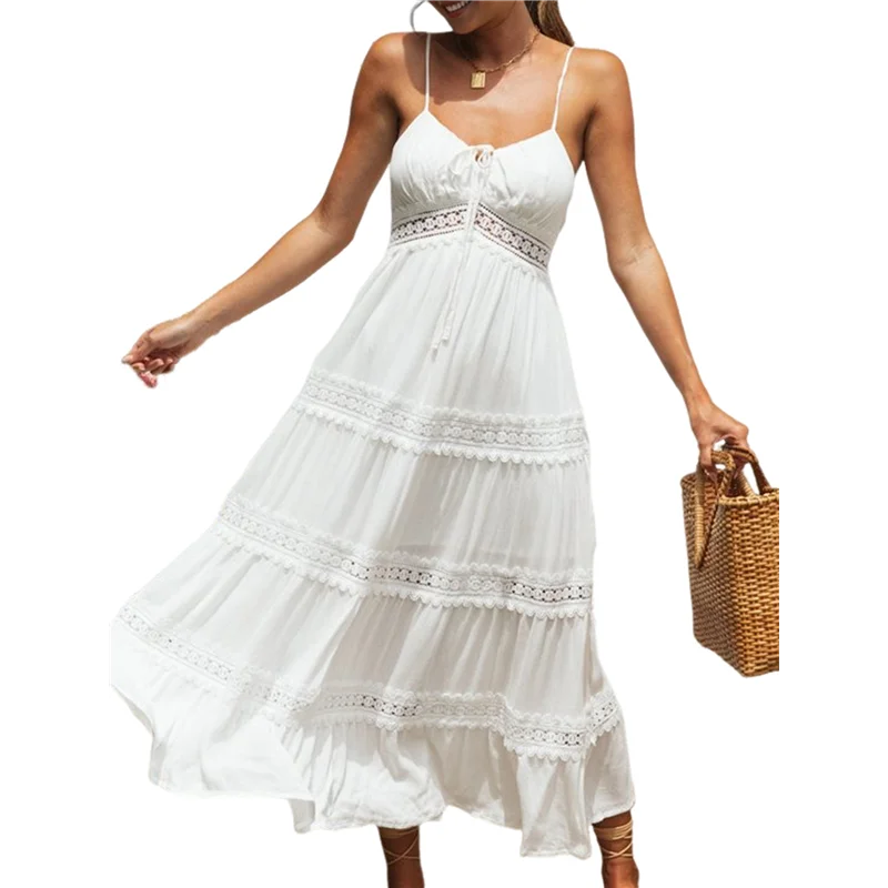 فستان FX-Women's Boho Crochet Lace Maxi بلون سادة للعطلات الصيفية وحزام سباغيتي فستان طويل