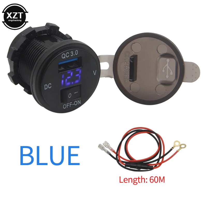 USB 18W Phone QC 3.0 Fast Charging Motor Power Adapter with Switch LED Voltmeter Voltage Display Vehicle DC12V-24V Waterproof