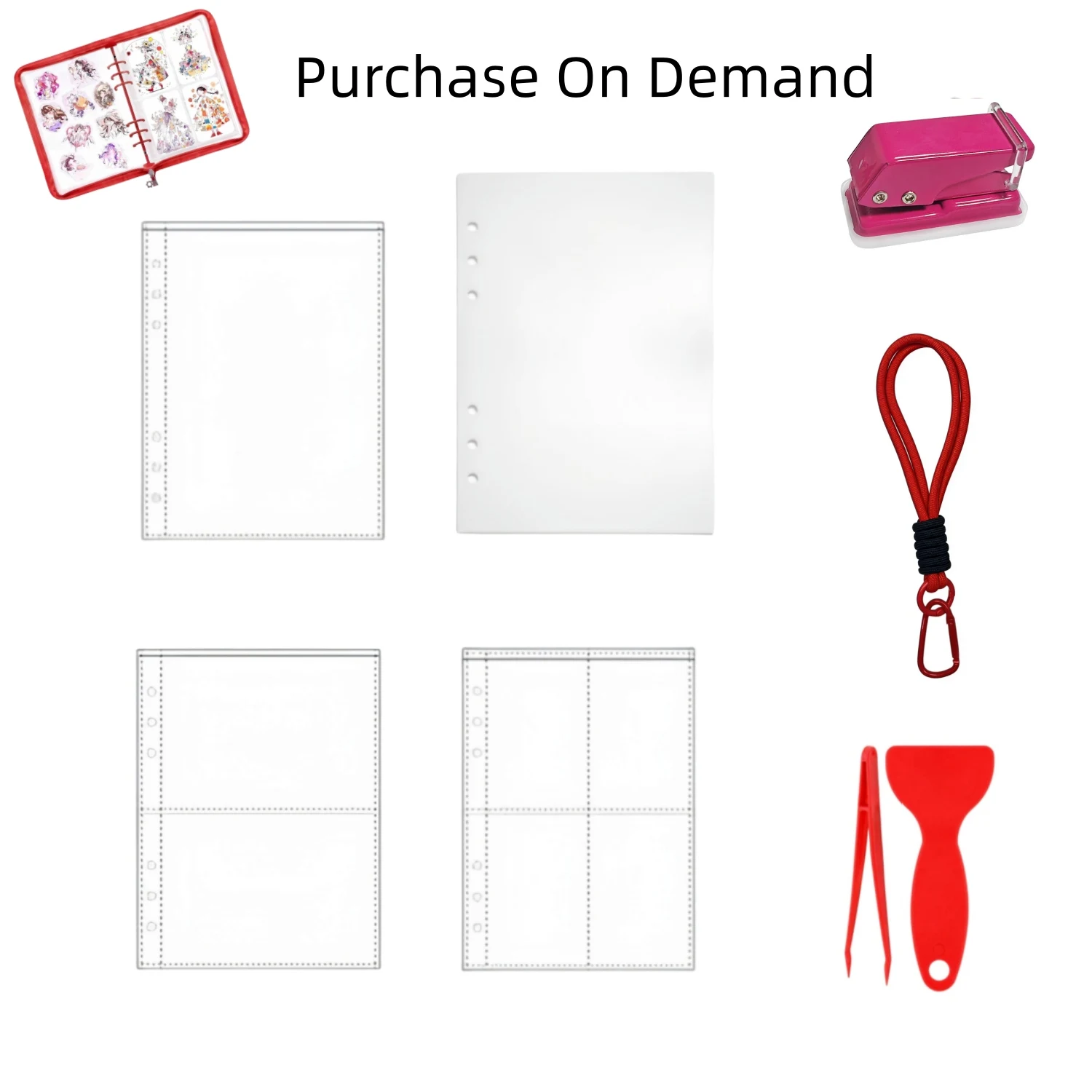 Binder Peripheral Set with 3 Size Pockets Binder Release Paper Tweezer Spatula Hole Puncher Lanyard for Sticker Collecting Book
